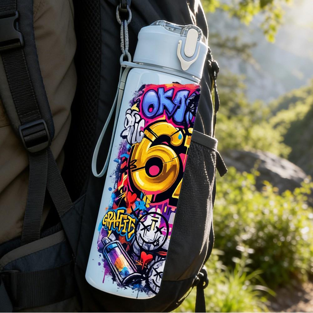 1PC 67 Retro Psychedelic Graffiti Print 750ml Color Plastic Sports Water Bottle Leakproof Flip Straw Lid Suitable for Sports Office Home Use