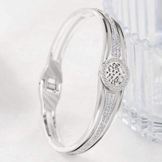 Lady Bangle Cubic Zirconia Life Tree Decor Hollow Out Electroplated Titanium Steel Bracelet for Prom Daily Dating Gift for Love Ones