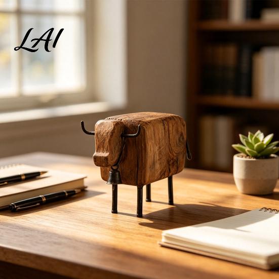 Cute Sheep Statue for Entryway Rustic Figurine with Bell Faux Wood Resin Farmhouse Lamb Statue Stable Sculpture Table Vintage Country Style Desktop