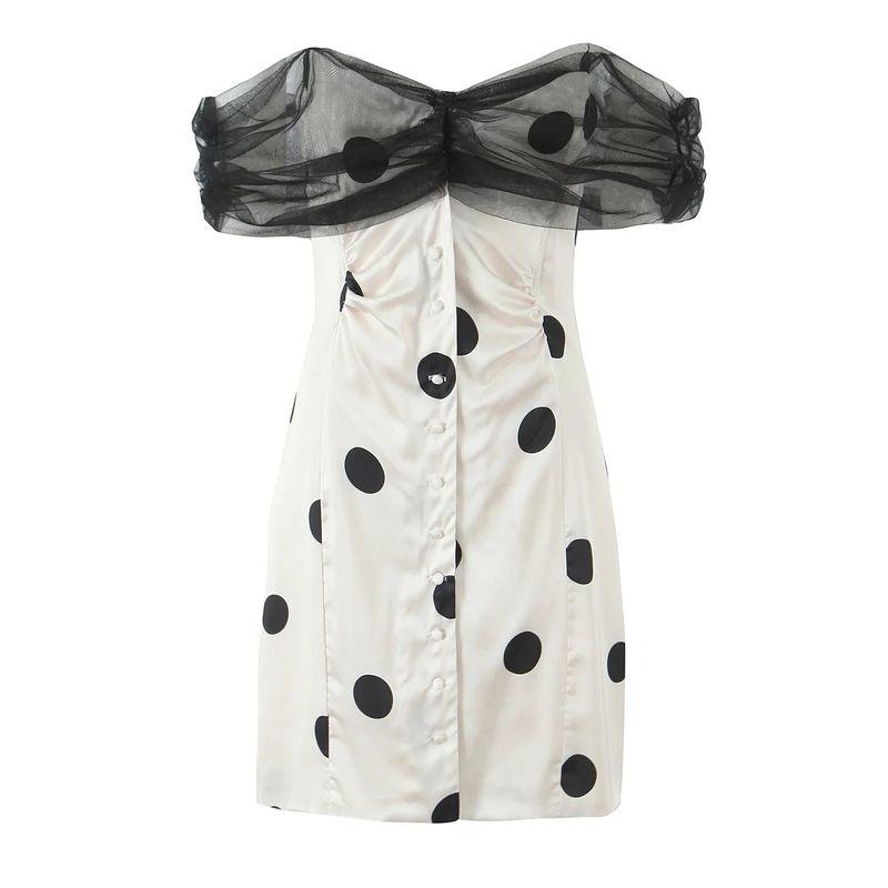 

Romantic Escape for Love Beautiful and Pure Desire Style off-Shoulder Collar Strapless Dress Polka Dot Waist Hugging Slim fit Sexy dresses for women Wave dot shoulder L