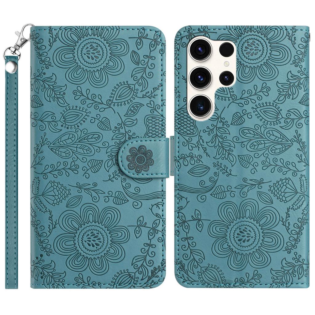 For Samsung Galaxy S25 Ultra Case Flower Imprint Leather Flip Wallet Phone Cover with Wrist Strap
