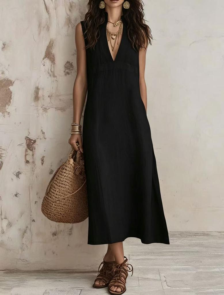 2026 New Women's Sleeveless Stand-up Neck V-neck Dress, High Waist Loose Split Fork Summer Casual Long