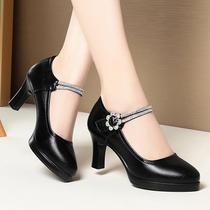 Fashion Comfortable Shallow Soft Leather Ankle Band Mary Jane 2025 Spring Block Middle Heels Shoes Platform for Office Mom