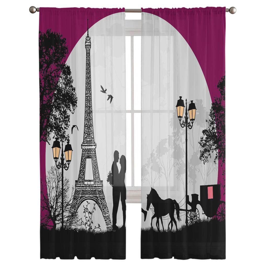 Romantischer Fenstervorhang mit Eiffelturm und Liebhaber für Schlafzimmer, durchsichtiger Vorhang für Wohnzimmer, luxuriöser Tüllvorhang für die Küche