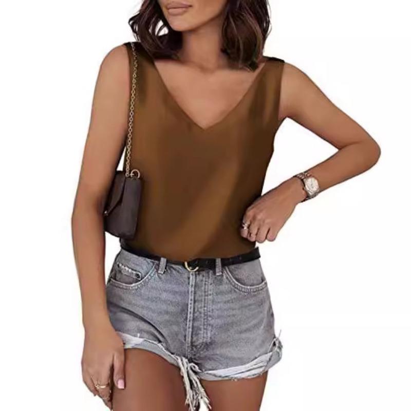 Womens Silk Satin Tank Tops V Neck Casual Cami Sleeveless Camisole Blouses Summer Basic Tank Shirt