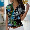 2025 Léto Nová Móda Dámská Květinová Krátký Rukáv Výstřih do V Ležérní Halenka s Knoflíky
