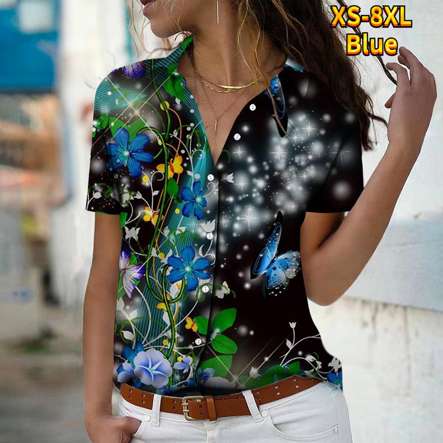 2025 Sommer Ny Mote Dame Blomsterprint Kortermet V-hals Casual Knappedown Skjorte Topp
