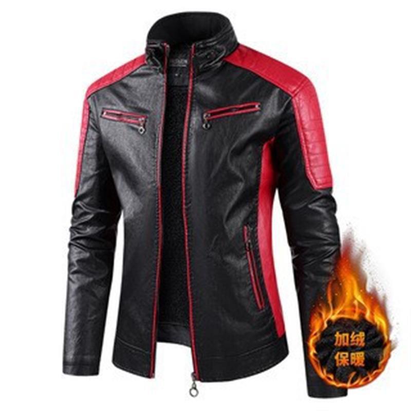 Mens PU Leather Biker Jacket With Stand Collar Retro Patchwork Design Warm Casual Outerwear Winter