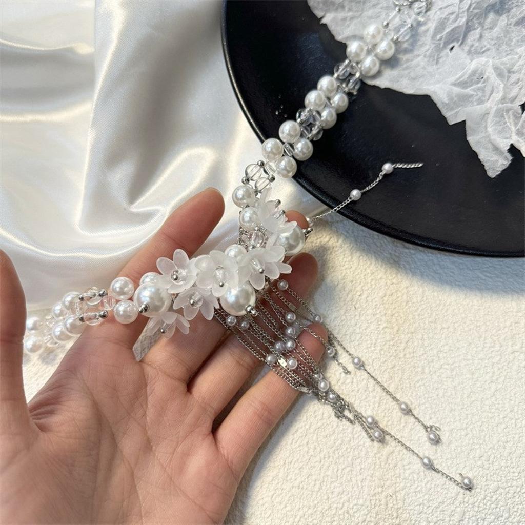 Fashionable Pearl Bead Neckchain Flower Pendant Fringe Collarbone Necklace Adjustable Choker Stylish Accessory for Women