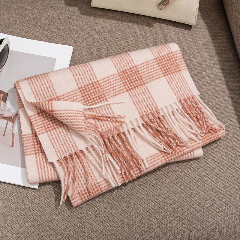 Wool Scarf Versatile Sweet Style Winter Warm Plaid Scarf Ins Korean Version Pink Plaid Scarf for Women
