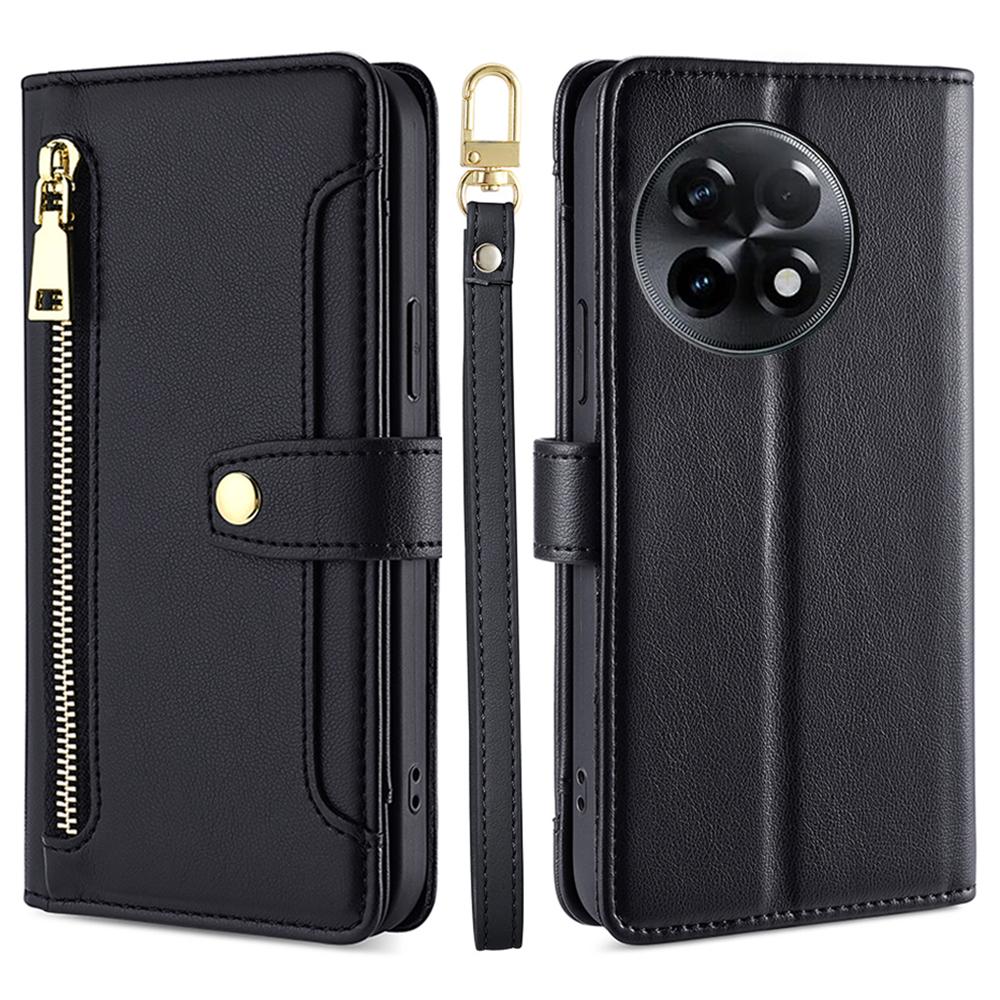 

For OnePlus Ace 2 5G/11R 5G Wallet Phone Case PU Leather Card Slots Zipper Pocket Stand Cover with Straps Black