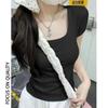 Summer U-neck Short Front Shoulder Short-sleeved T-shirt Women's Multi-color Thin Showing Collarbone Niche Versatile Solid Color Top Fashion