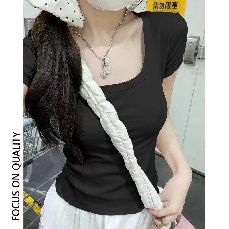 Summer U-neck Short Front Shoulder Short-sleeved T-shirt Women's Multi-color Thin Showing Collarbone Niche Versatile Solid Color Top Fashion