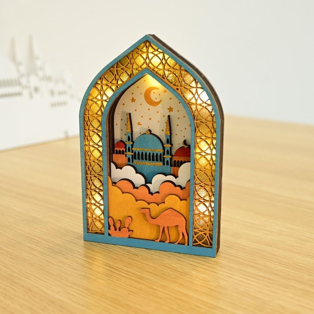 Moon Eid Desktop Ornament Creative Eid Wooden Decoration Night Light Ornament  for Gifts