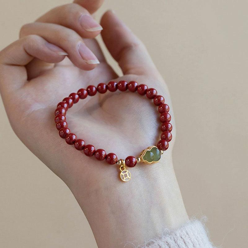 Lucky Imitation of Hotan Jade Cinnabar Red Gold Color Bead Natural Stone Beaded Bracelet for Women Bracelet Party Good Luck Gift