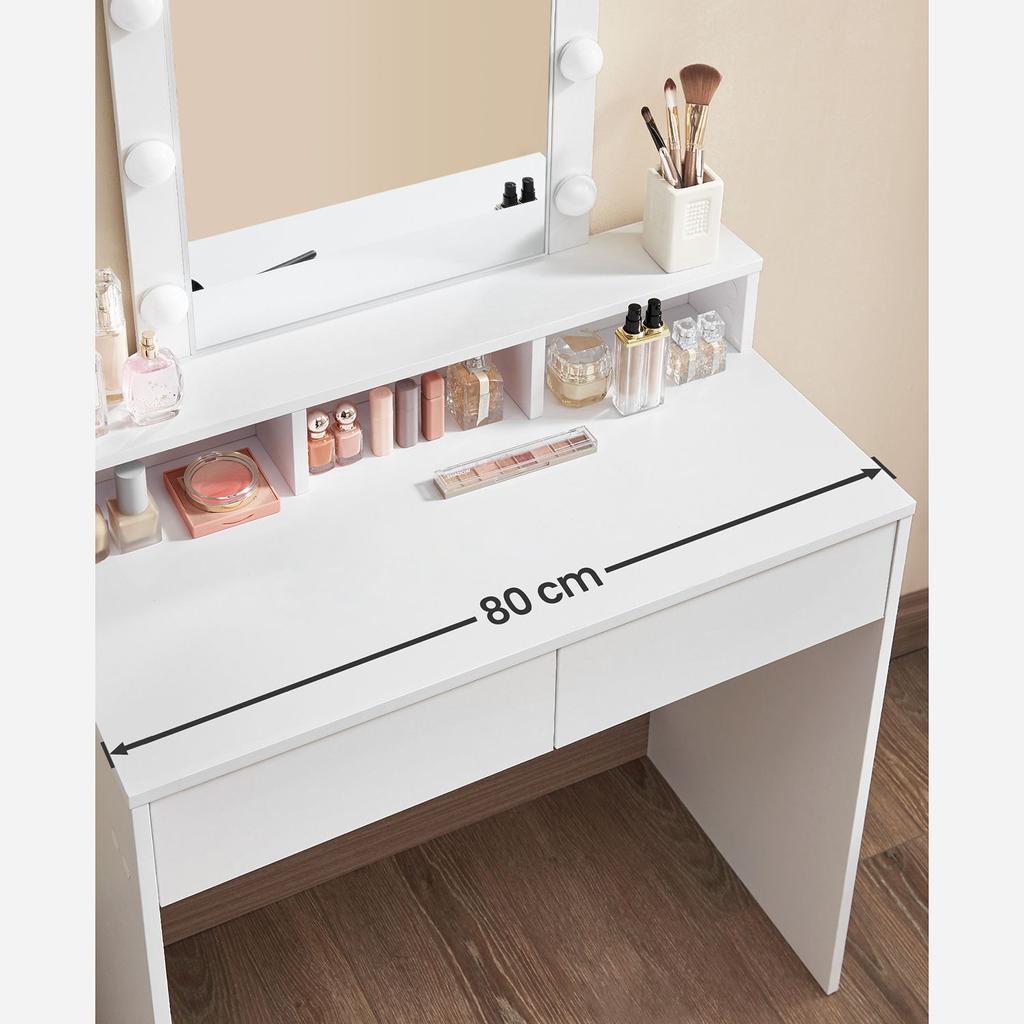 VASAGLE RDT114W01 Dressing Table with Mirror and Bulbs, Cosmetic Table with 2 Drawers and 3 Open Compartments, Dressing Table for Makeup, Modern