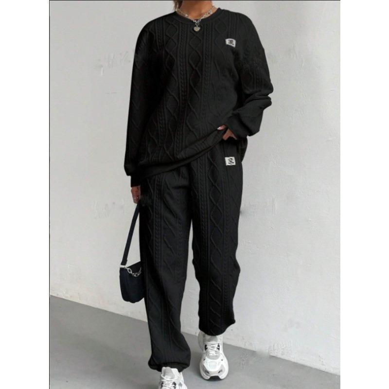 Damtröja med flätstickning, rund halsringning, långa ärmar & Joggingbyxor med resår i bensluten 2-delat Träningsset Casual Loungewear Set