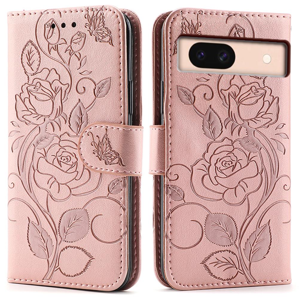 

For Google Pixel 8a Case Wallet Stand Imprinted Rose Butterfly PU Leather Phone Cover Rose Gold