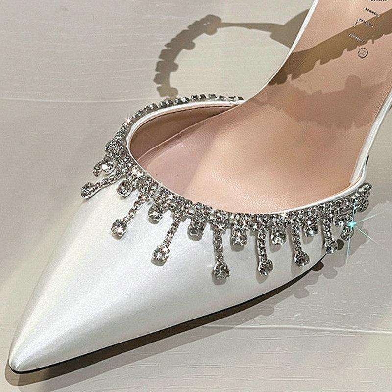 Fashion Wedding Shoes, Satin, Women'S Summer Fashion, Fringed Chain High Heels, Elegant Hollow Lady Sandals