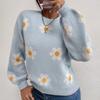 Höst Vinter Rundhals Stickad Pullover Tröja Dam Mode Söt Långärmad Lös Tröjor Dam Krysantemumtryck Varma Stickade Toppar 24638