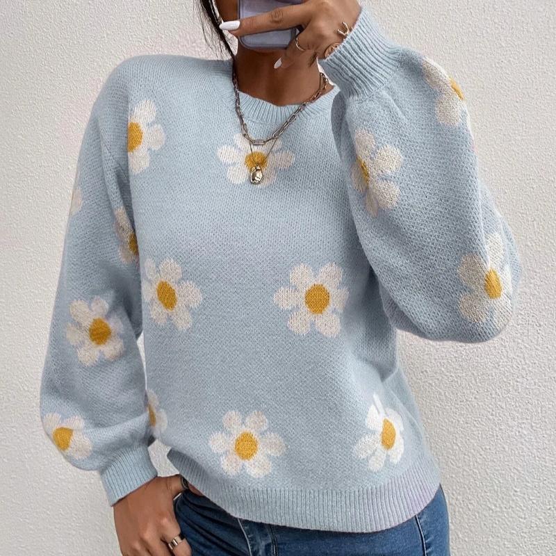 Höst Vinter Rundhals Stickad Pullover Tröja Dam Mode Söt Långärmad Lös Tröjor Dam Krysantemumtryck Varma Stickade Toppar 24638