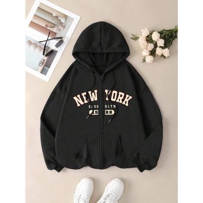 Brooklyn, New York 1988 Letter Printed Zipper Hoodie Women's Warm Loose Sweatshirt Casual Street Women's Sportswear
