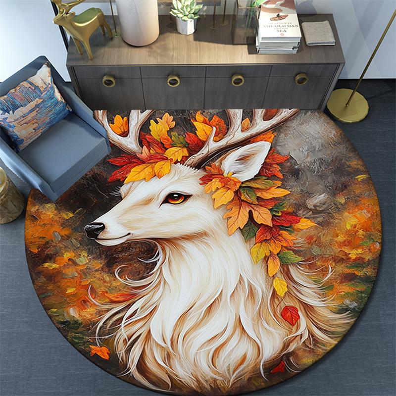 Autumnal Deer Round Area Rug,Carpet Rug for Living Room Bedroom Sofa Playroom Decor,Non-slip Floor Mat