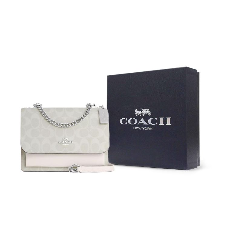 Coach Klare 21 Classic Monogram Flap Letter Logo Canvas And Leather Shoulder Crossbody Bag Small Women bags Glacier-White CP078-SVVS5