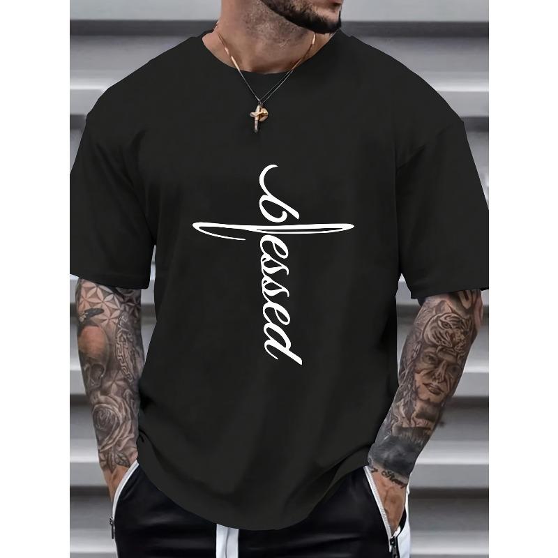 

European size Men s T-Shirt with Cursive Lettering Casual Round Neck Short Sleeve Summer Casual Attire Breathable for Men 4XL чорний