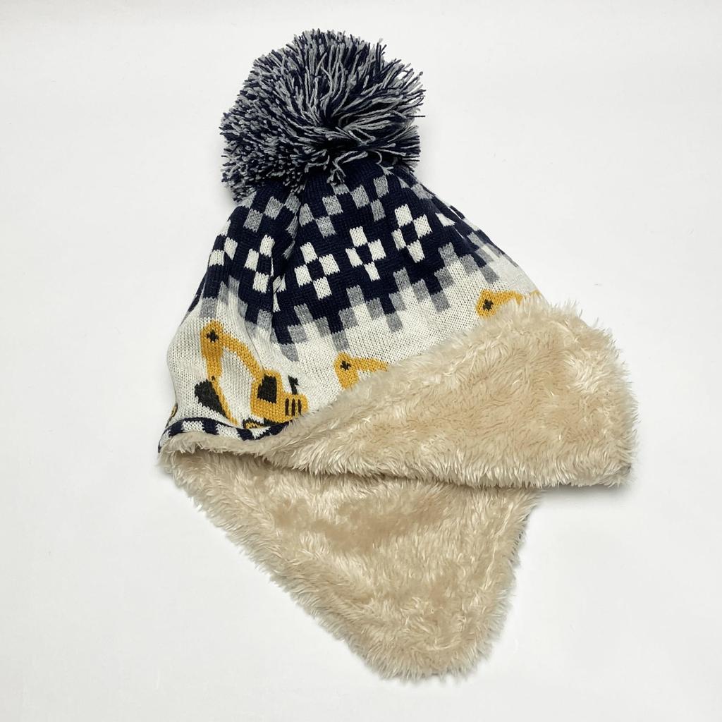 Kiejun Kids' Knit Cap, Excavator/Construction Equipment Design, for Boys, Warm, Fleece-Lined, with Earmuffs (53.0 cm, N Con)