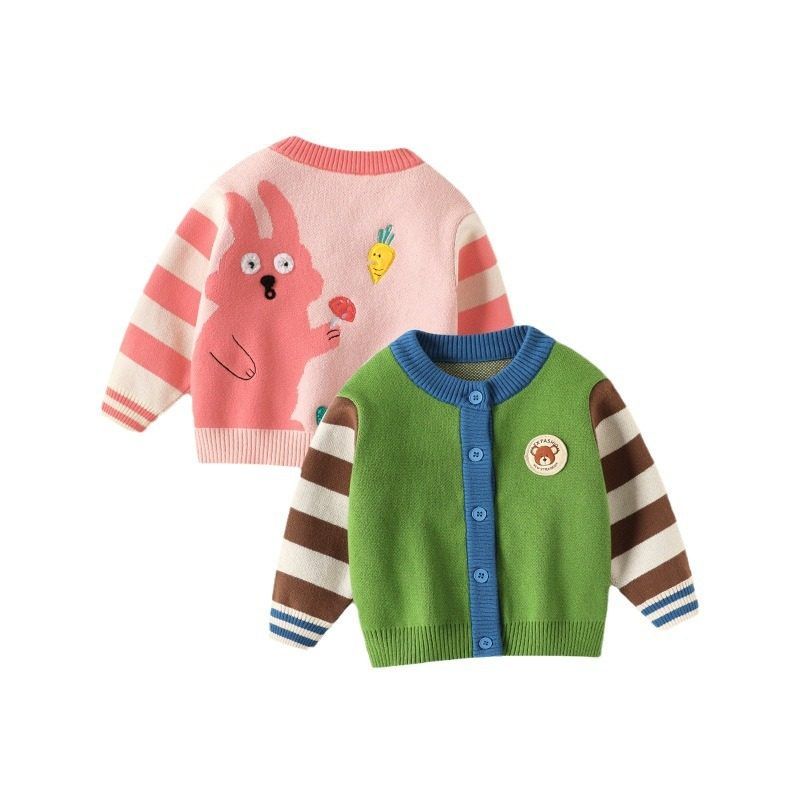 Cardigan Sweater Spring and Autum Kidsren's Clothing Korean Style Girls Cartoon Embroidered Logo Round Neck Outwear Baby Girl Pure Cotton Sweater