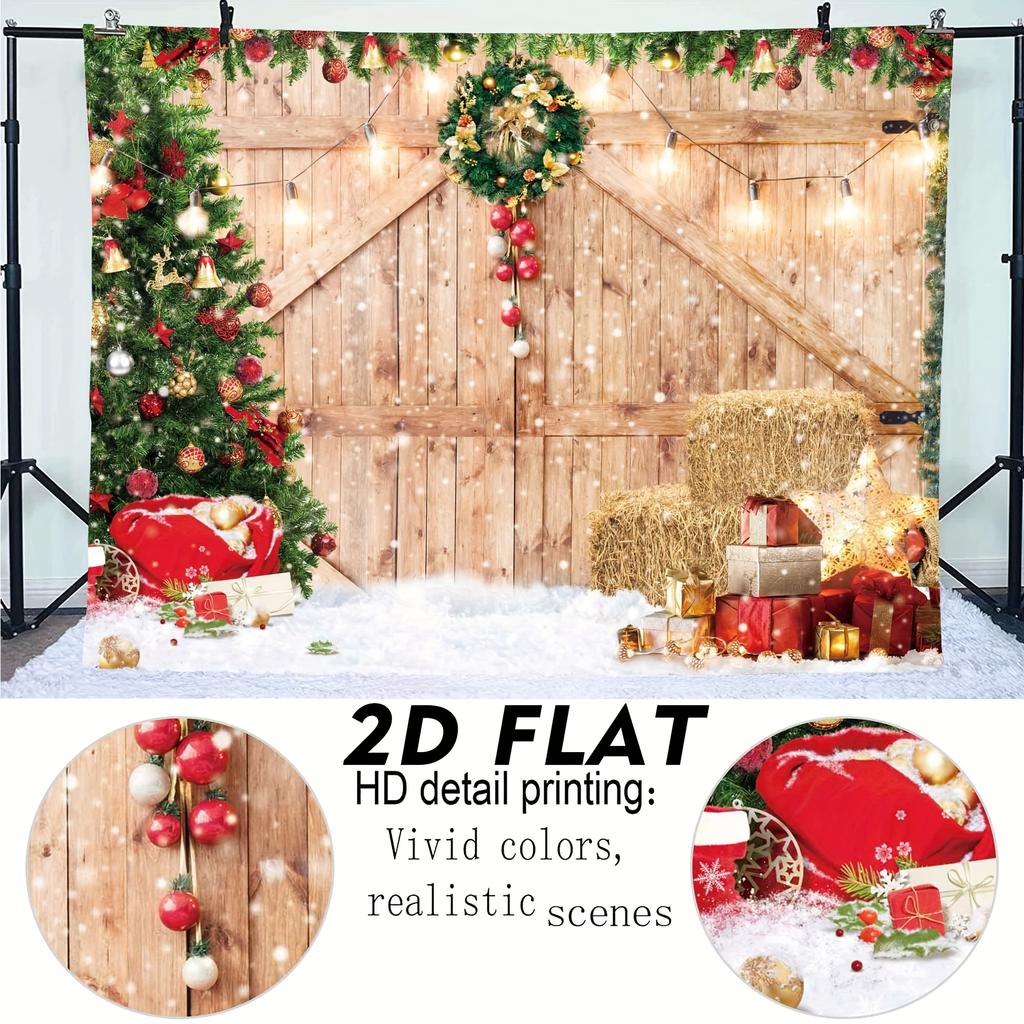 Świąteczny wystrój farmy Rustykalne tło fotograficzne z motywem drzwi stodoły z czerwonymi i złotymi ozdobami, choinkami, świąteczny wystrój do studia fotograficznego, na imprezę