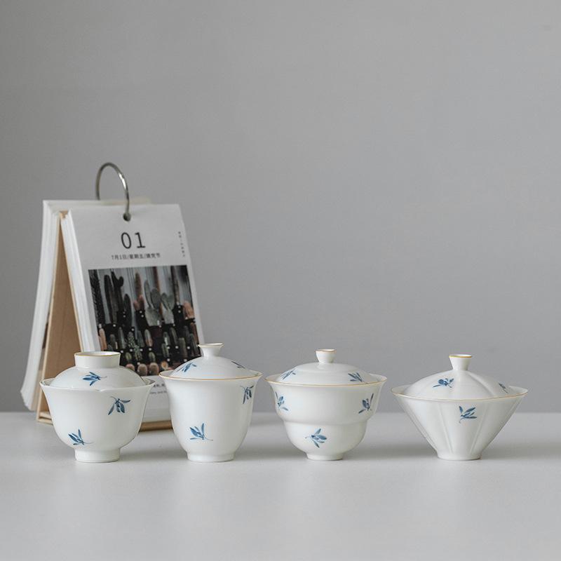 Pure hand-painted Phalaenopsis Ercai cover bowl retro underglaze color household ceramic Kung Fu tea set tea bowl teapot teacup