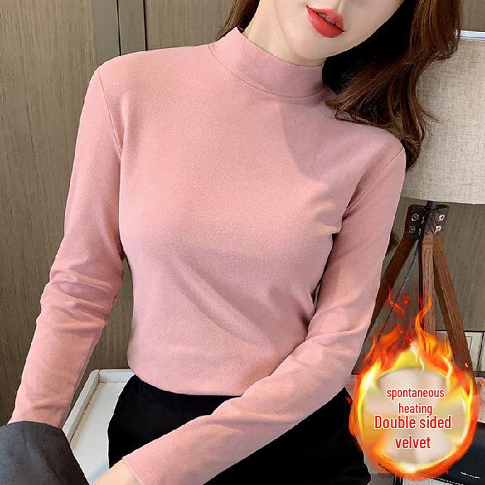 KY00 Women's Thermal Fleece Long-Sleeve Top - New Autumn/Winter Base Layer with Half-High Collar, Thick Double-Sided Fleece, Versatile Wear
