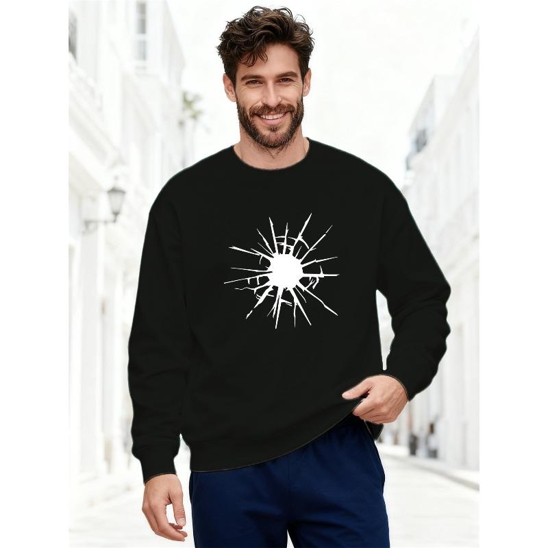 Men'S White Rayon Pattern Casual Round Neck Sweatshirt, 100% Cotton Printed Long-Sleeve Crew Neck Pullover Plus Size