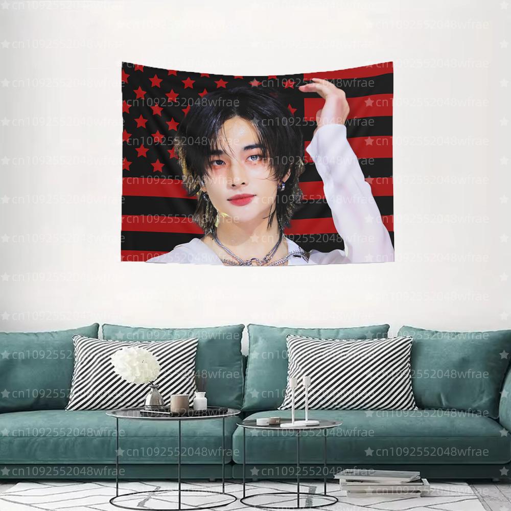 1PC Skz Hyunjin Kwave American Flag Tapestry for Bedroom Decoration Wall Hanging Party Background Room Durable Decoration