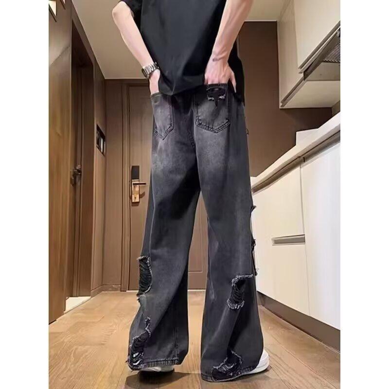 Jeans de diseño americano rasgado para hombre marca retro trendy de alta calle pantalones de pierna ancha de barrido pantalones finos de verano