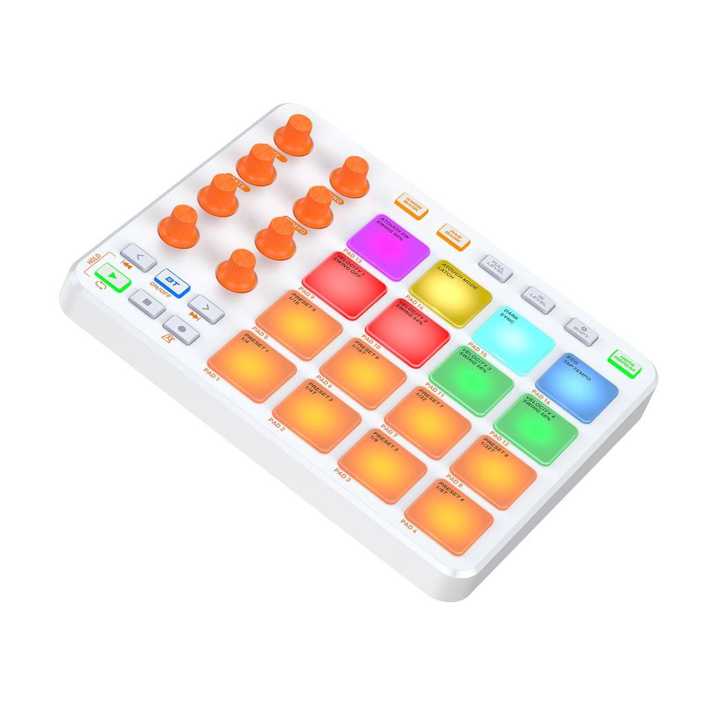 MIDI Controller Wireless MIDI Keyboard Pad 16 RGB Pads 6 Customizable Buttons 8 Knobs Rechargeable PC Mobile App Support for Beginners