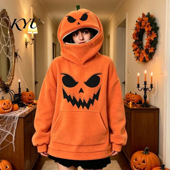 Holiday Party Apparel Women Oversized Halloween Pumpkin Hoodie, Fall Long Sleeve Hooded Casual Top Sweatshirt with Pocket, Jack-O-Lantern Costume