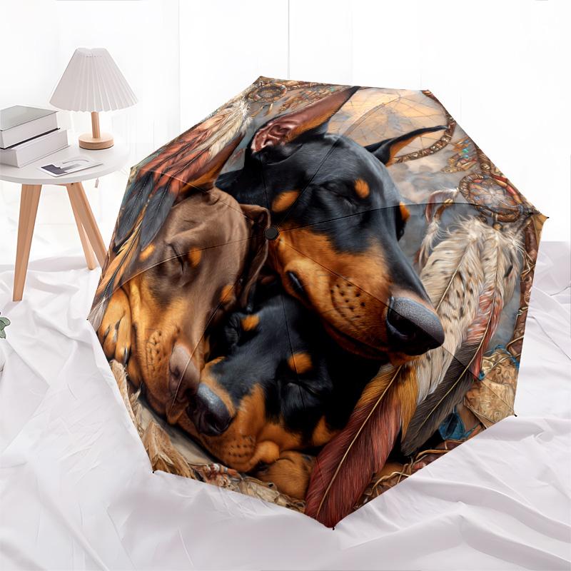 Retro Dog  Pattern, Automatic Folding Umbrella, Portable and Foldable Design, 8 Ribs, a Christmas or Birthday Gift.