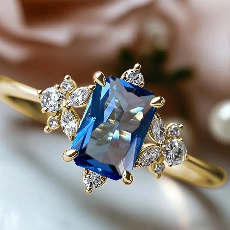 

Huitan Elegant Geometric Blue Cubic Zirconia Women Rings for Wedding Gold Color Luxury Lady Ring Engagement Party Trendy Zircon 10