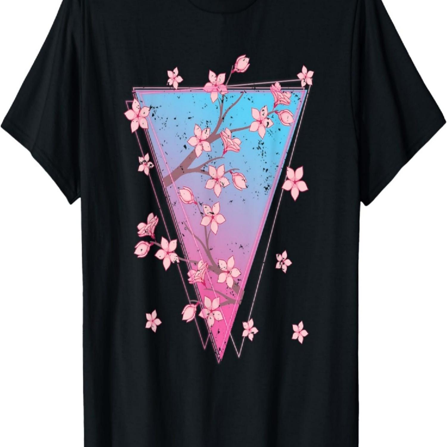 Pink Flower Japan Sakura Synthwave Vaporwave Cherry Blossom T-Shirt S чёрный