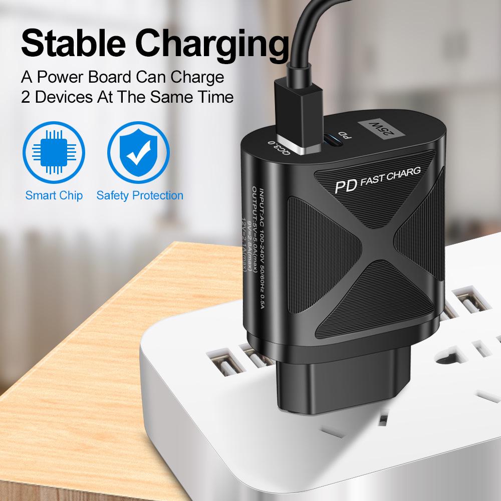 Dual Port LED Light-Up 25W Fast Charger with PD+QC3.0 for Mobile Phones - US/EU/UK Standards