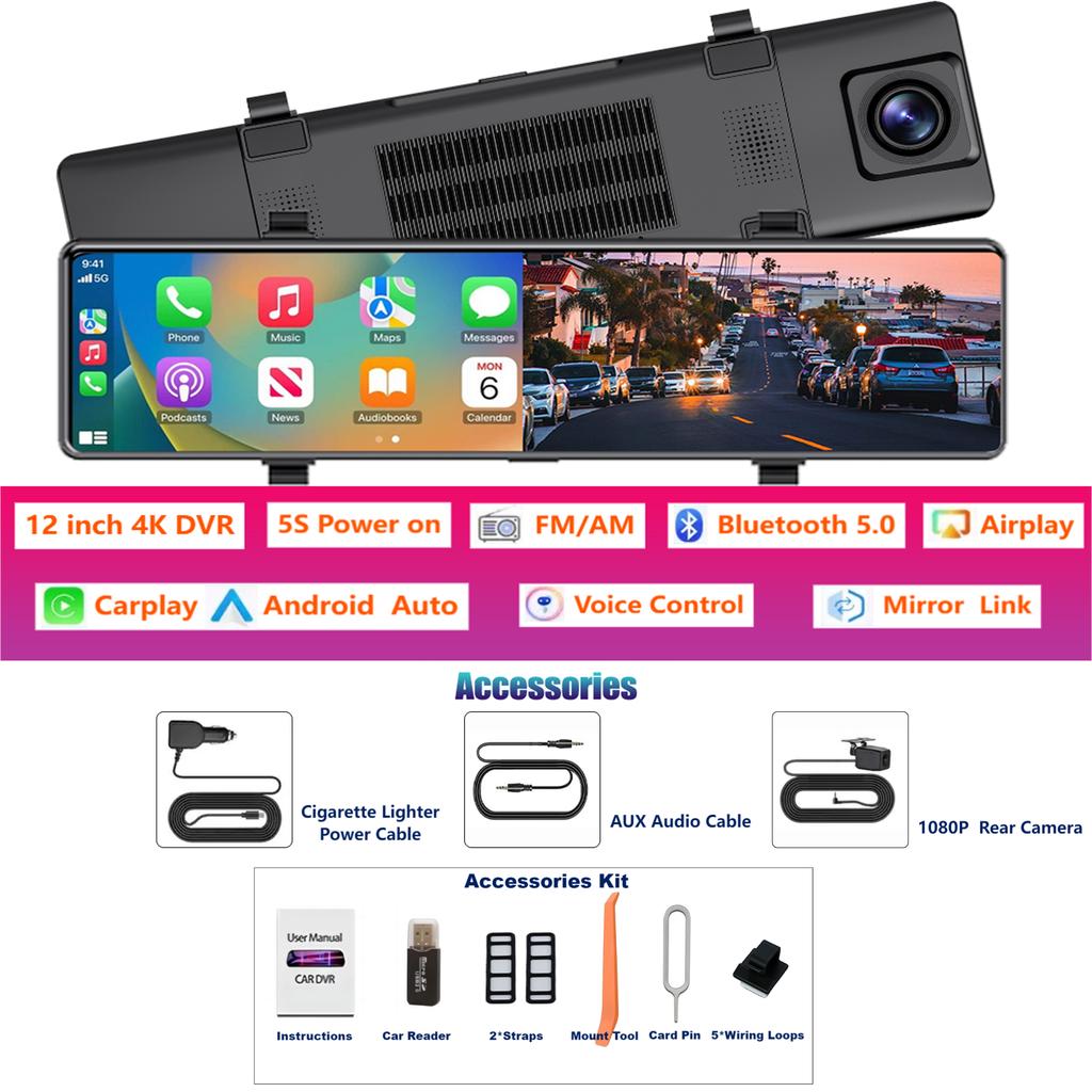 Aprilboy 12'' 4K Carplay&Android Auto Car DVR Dash Cam View Mirror Camera for Video Recorder Rearview Dash Cam 1080P Rear Camera