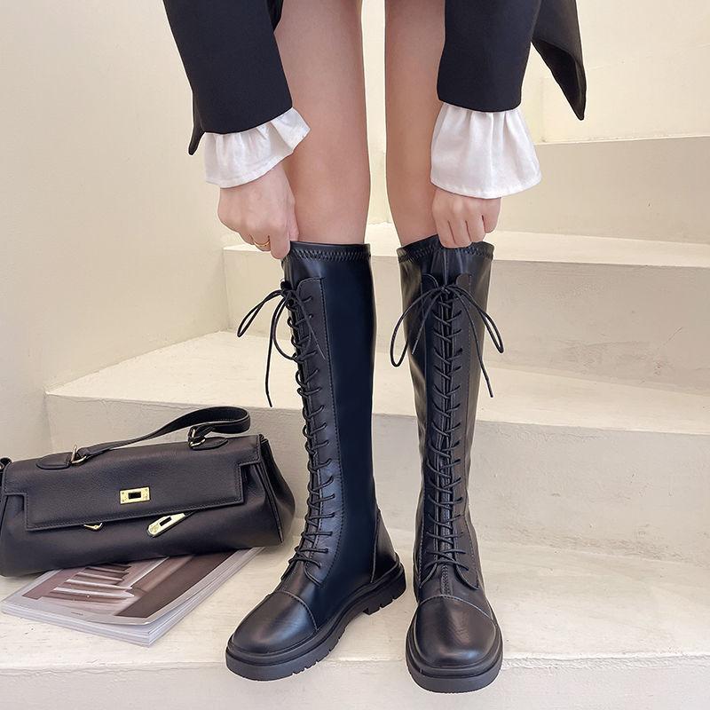 Knight boots long boots women's 21 autumn and winter new versatile elastic thin boots lace-up high boots flat bottom but knee boots