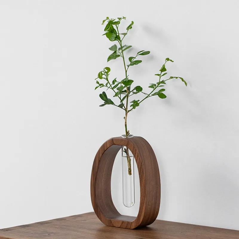 Walnut Solid Wood Vase Creative Flower Arrangement Ornament Simple Glass Plant Flower Arrangement Mini Water Nourishing Vase YLE442