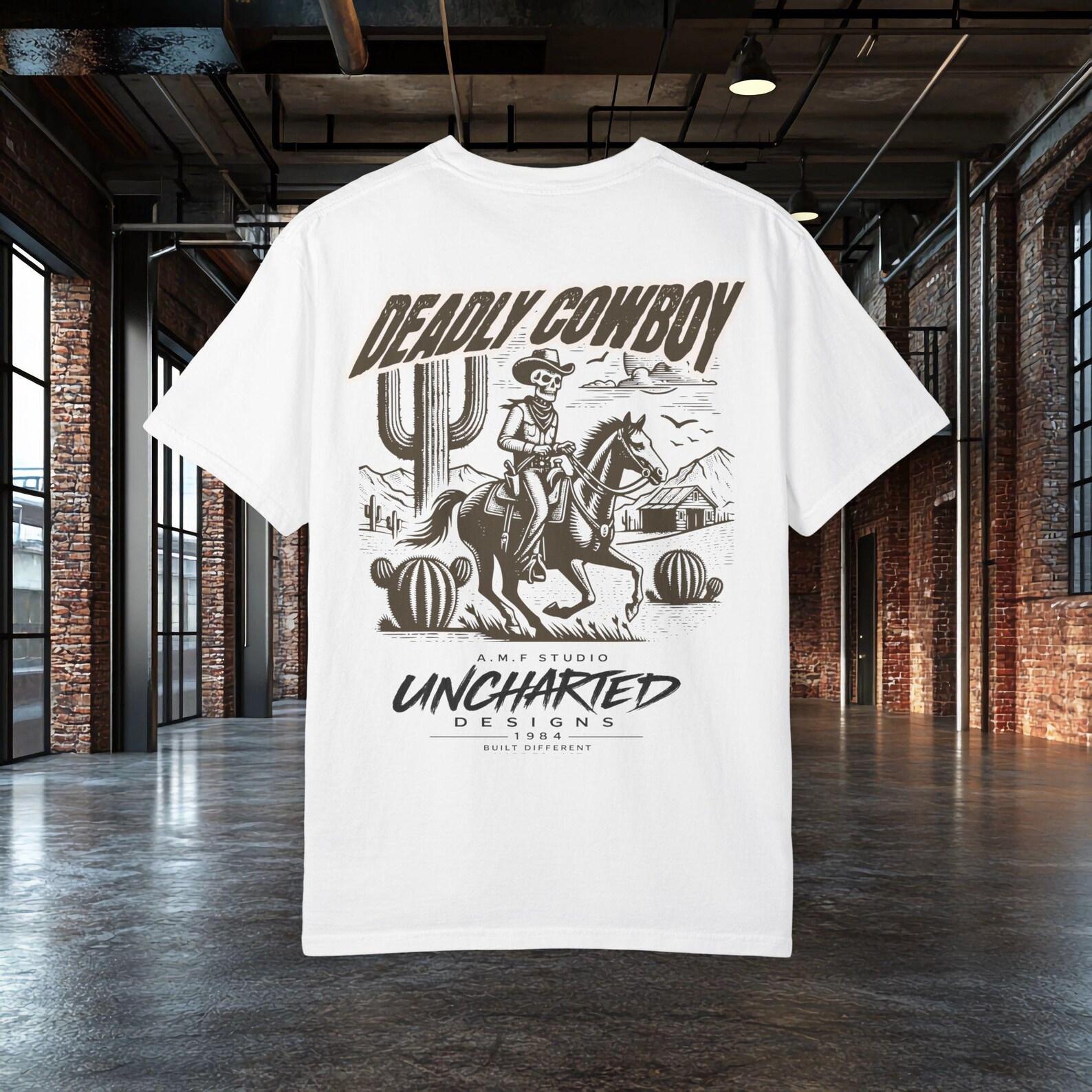 Deadly Cowboy Shirt, Skeleton Cowboy Tee, Western Skull Shirt, Vintage Western Graphic Tee, Desert Cowboy Shirt, Country Style Tee L