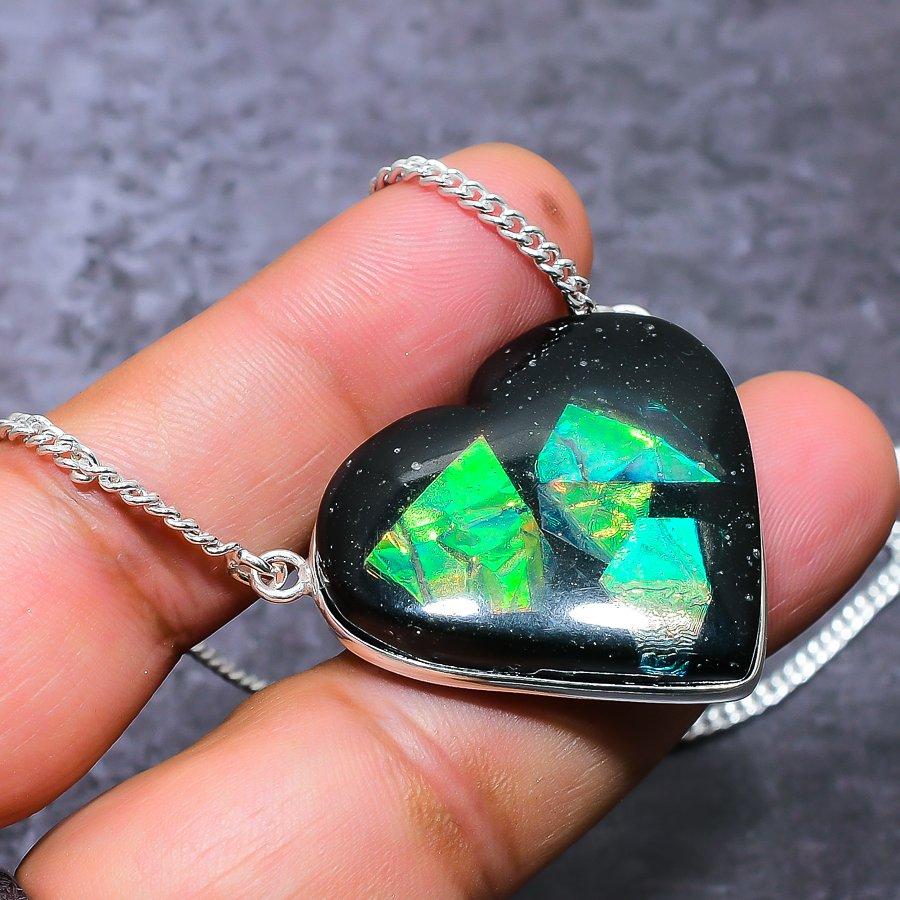 Natural Dichroic Glass Gemstone 925 Sterling Silver Jewelry Necklace 18" S9n46