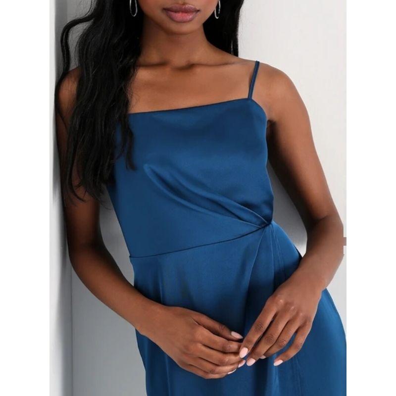 Foreign Trade Order Lu's Sling Smooth Fabric Beautiful Square Collar Pleat Split Temperament Elegant Royal Sister Slimming Dress