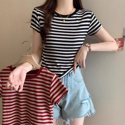 Korean Version of Small Stripes Chic Summer New Design Sense Contrasting Color Short-sleeved T-shirt Thin American Retro Top